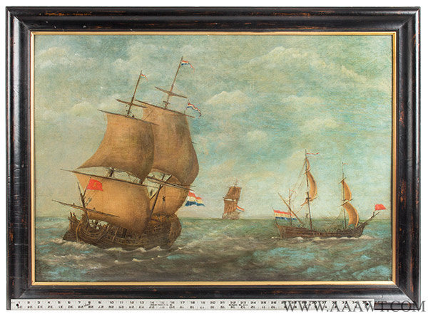 Painting, Dutch Ships at Sea, Oil on Panel, 18th Century
Anonymous, entire view